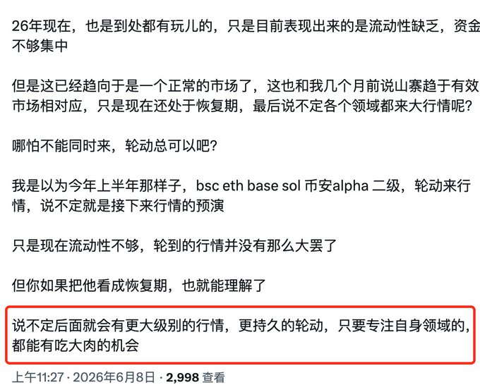A Chinese-language social media post dated June 8, 2026, discussing the crypto market's recovery phase, liquidity shortage, and potential for a larger rally—highlighting (in red box) the text "说不定后面就会有更级别的行情，更持久的轮动，只要专注自身领域的，都能都有吃肉的机会" (translated roughly: "There may be an even bigger rally and more sustained rotation ahead; those focused on their own sectors will all get a chance to profit").