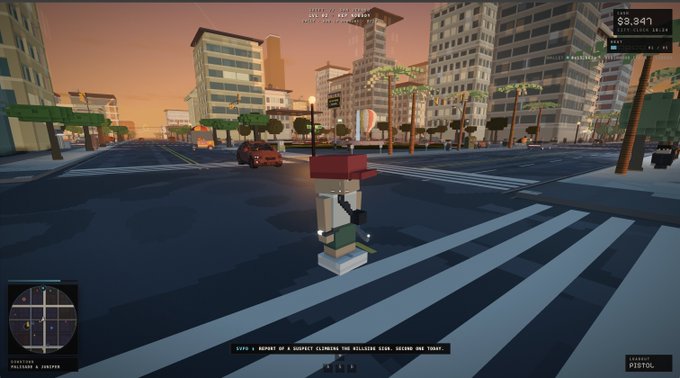A screenshot from a low-poly video game showing a Lego-like figure on a street, with UI displaying '$3,341', 'PISTOL', and other gameplay details.