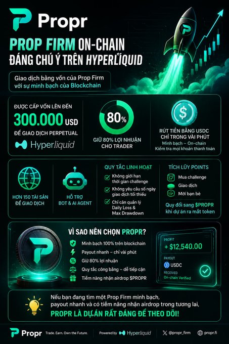 A Vietnamese-language infographic for 'PROPR' advertising a prop firm on-chain on Hyperliquid, offering up to 300,000 USD in capital and an 80% profit share.