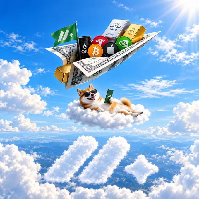 A whimsical digital artwork of a Shiba Inu dog wearing sunglasses relaxing on a cloud while holding a paper plane filled with commodities (gold, silver, oil) and crypto/stock logos including Bitcoin, Tesla, and Apple, flying through a blue cloudy sky.