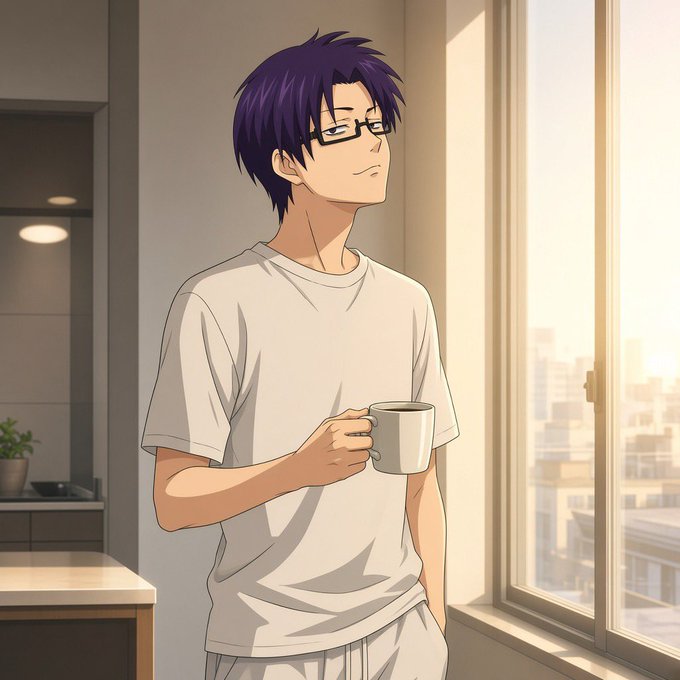 An anime-style illustration features a young man with purple hair and glasses, wearing a white t-shirt and holding a mug while looking out a window at a cityscape.