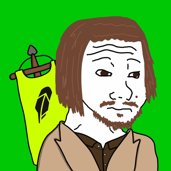 A simple cartoon drawing of a man with brown hair and a beard carrying a yellow banner with a black symbol on a green background.