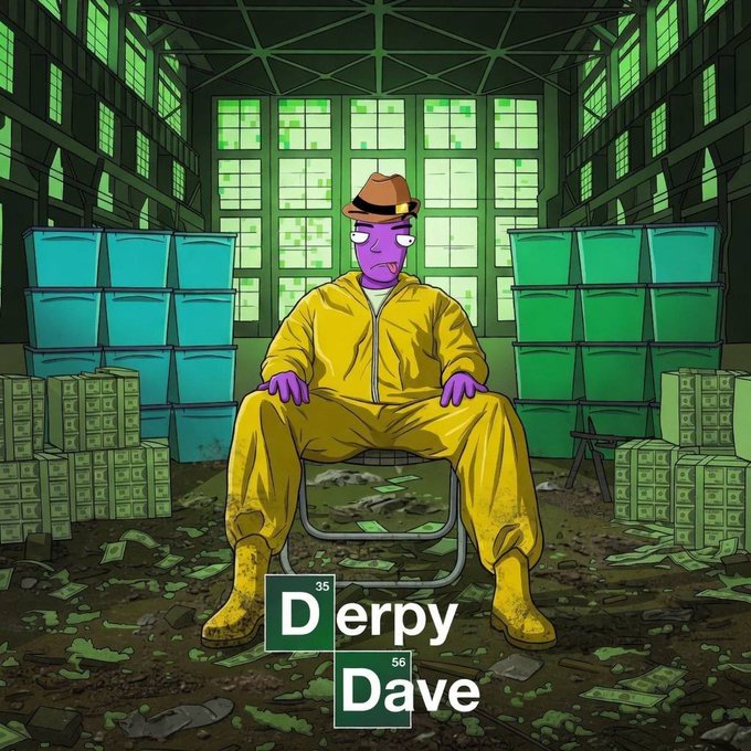 A cartoon illustration titled 'Derpy Dave' showing a purple-skinned character in a yellow hazmat suit and fedora sitting in a warehouse filled with stacks of cash and barrels, with scattered money on the floor.