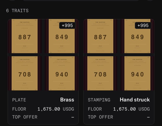A digital display showing 6 TRAITS with brass plates numbered 887, 849, 708, and 940, where PLATE has a floor price of 1,675.00 USDG and STAMPING (Hand struck) shows the same floor price, with +995 indicators on two of the items.
