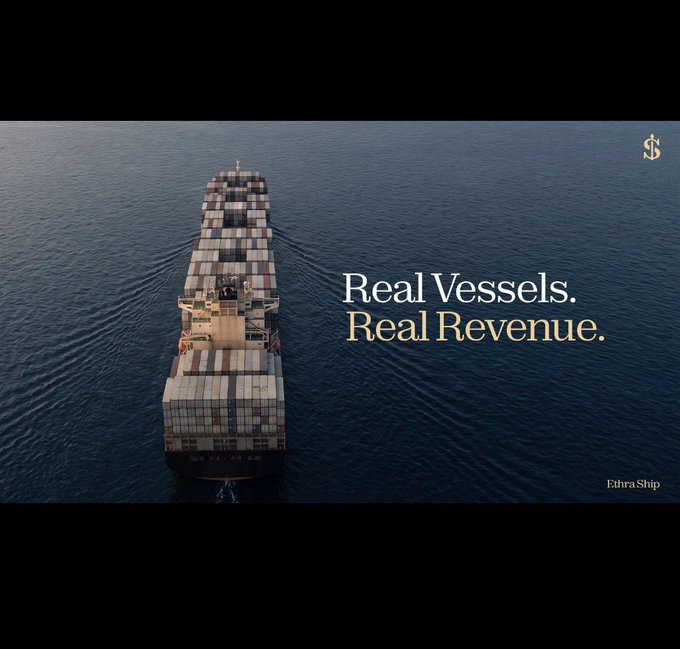 A wider, letterboxed version of the Ethra Ship promotional image, showing the same container ship and 'Real Vessels. Real Revenue.' text.