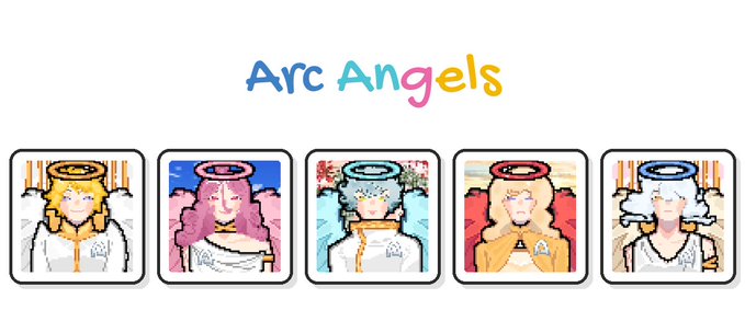 Five pixel-art angel characters with halos are displayed beneath the colorful title "Arc Angels," representing the corrupted and reroll features of the ArcAngels NFT project at arcangels.xyz.
