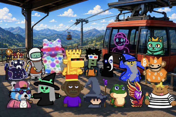 A group of various cartoon and pixel-art style characters, including a green goblin, a wizard, a frog, and figures with Bitcoin logos, posed together at a mountain ski resort with cable cars.