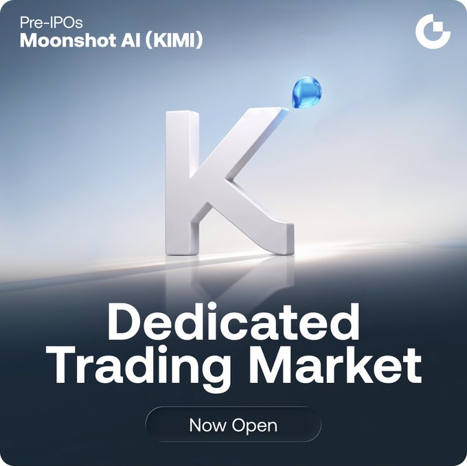 A promotional graphic displays a large white 'K' with a blue orb, labeled 'Pre-IPOs Moonshot AI (KIMI)' and 'Dedicated Trading Market Now Open' against a reflective gradient background.