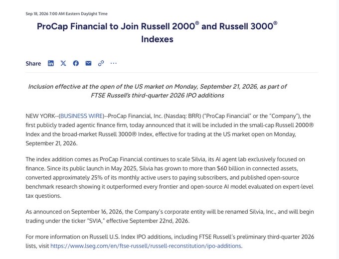A Business Wire press release from Sept 18, 2026 announcing that ProCap Financial, Inc. (Nasdaq: BRR) will be added to the Russell 2000 and Russell 3000 Indexes effective Sept 21, 2026, noting its $60B+ connected assets via its AI finance agent 'Silvia' and a corporate rename to Silvia, Inc. (ticker 'SVIA').