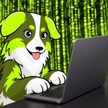 A digital illustration of a cartoon green and white dog smiling while using a laptop, set against a background of green computer code.
