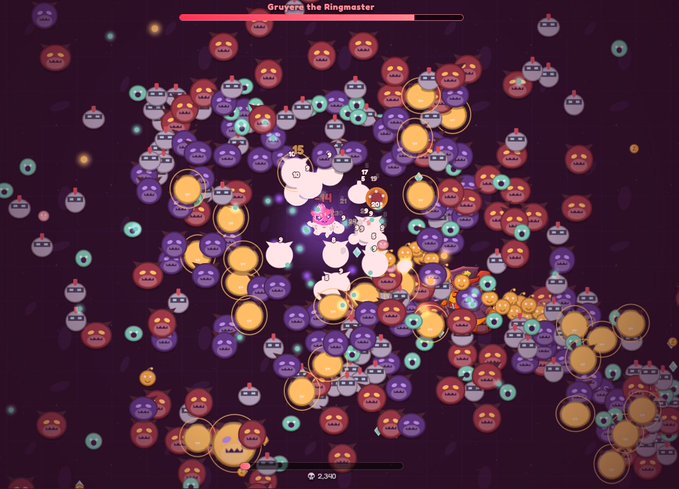 The image shows a video game with purple and pink colors, featuring a group of characters that appear to be fighting or engaging in various activities within the game. The game has an interesting title, "Decided to see if fable/mythos could one shot a vampire survivor type game with @MarkofTheZeal's assets." This suggests that the game is likely based on popular mythology and folklore, such as the stories of King Arthur or Greek mythology. The image also includes text that reads "@Ronin_Network," which might be related to the game's online multiplayer aspect or a social media platform where players can share their experiences and creations with others.