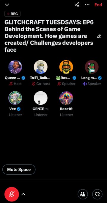 A Twitter Spaces interface for 'GLITCHCRAFT TUESDAYS: EP6 Behind the Scenes of Game Development' featuring host Queen, co-host DeFi_Bulb, and speakers Ros and Long.