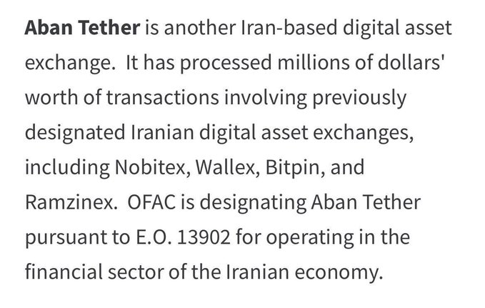 OFAC has sanctioned Iran-based digital asset exchange Aban Tether for processing millions of dollars in transactions involving previously designated Iranian exchanges including Nobitex, Wallex, Bitpin, and Ramzinex.