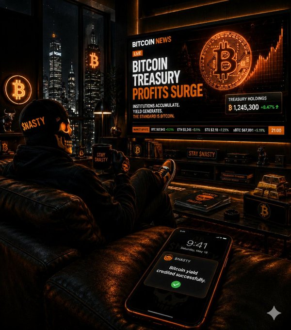 A stylized digital artwork depicts a person wearing a $NASTY cap relaxing in a leather chair while watching Bitcoin news about 'BITCOIN TREASURY PROFITS SURGE' with treasury holdings of 1,245,300, alongside a smartphone showing a successful Bitcoin yield credit notification.