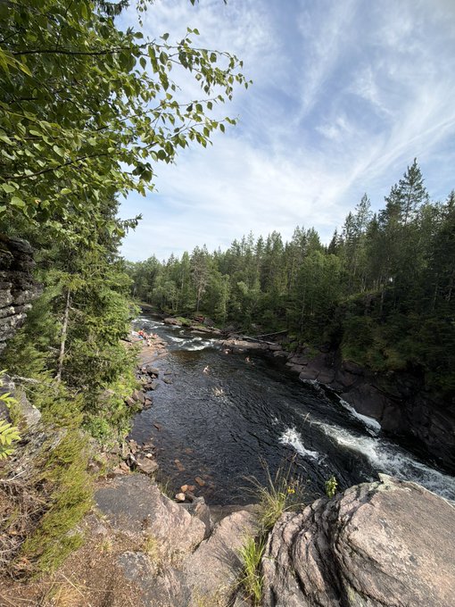 A rushing river winds through a lush evergreen forest, framed by rocky outcrops and leafy branches beneath a bright, cloud-streaked sky. The serene wilderness scene perfectly captures nature's call, inviting viewers to step away from the noise and embrace the great outdoors.