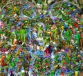A vibrant, abstract kaleidoscopic image with symmetrical patterns in green, yellow, red, and blue resembling an AI-generated fractal artwork.