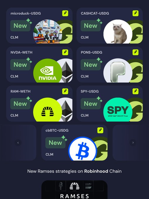 A mobile app screen displaying 'New Ramses strategies on Robinhood Chain' featuring various token pairs including microduck-USDG, CASHCAT-USDG, NVDA-WETH, PONS-USDG, RAM-WETH, SPY-USDG, and cbBTC-USDG.