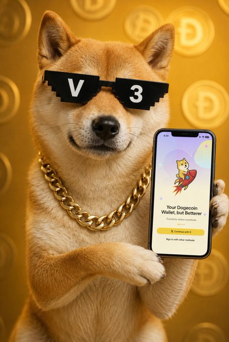 A Shiba Inu dog wearing pixelated 'V3' sunglasses and a gold chain holds a smartphone displaying a Dogecoin wallet app with the message 'Your Dogecoin Wallet, but Better' and a rocket-riding Doge character, set against a gold background with Dogecoin symbols.