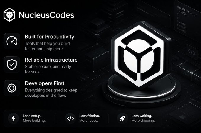 A promotional graphic for 'NucleusCodes' highlights features including 'Built for Productivity,' 'Reliable Infrastructure,' and 'Developers First,' alongside a 3D hexagonal logo and taglines like 'Less setup. More building,' 'Less friction. More focus,' and 'Less waiting. More shipping.'