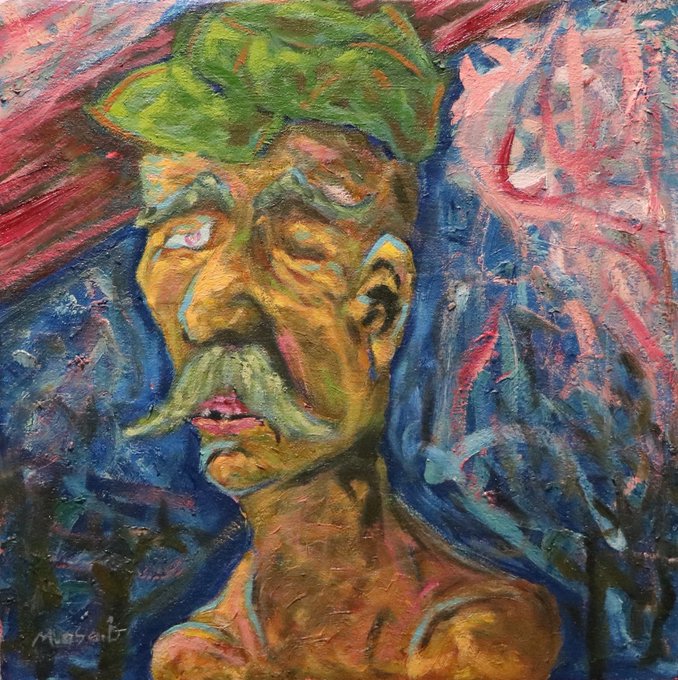 An expressionist oil painting portrait of a man with a mustache wearing a green hat against a vibrant blue and pink background, signed "Mosaab" in the lower left corner.