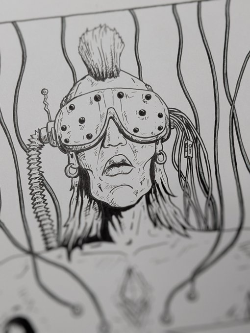 A black and white line drawing depicting a person's face wearing large goggles or a mask, surrounded by wires or tentacles, with a mohawk hairstyle.