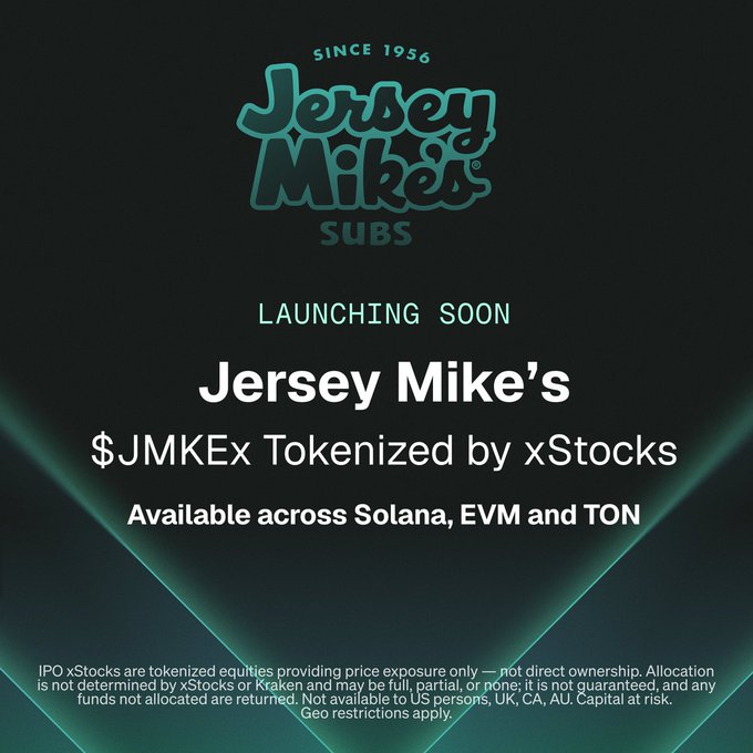 A teaser graphic with a dark green background announces "Jersey Mike's SUBS — LAUNCHING SOON" with the headline "$JMKEx Tokenized by xStocks, Available across Solana, EVM and TON," aligning with the post about the upcoming Jersey Mike's tokenized IPO on Kraken via xStocks.