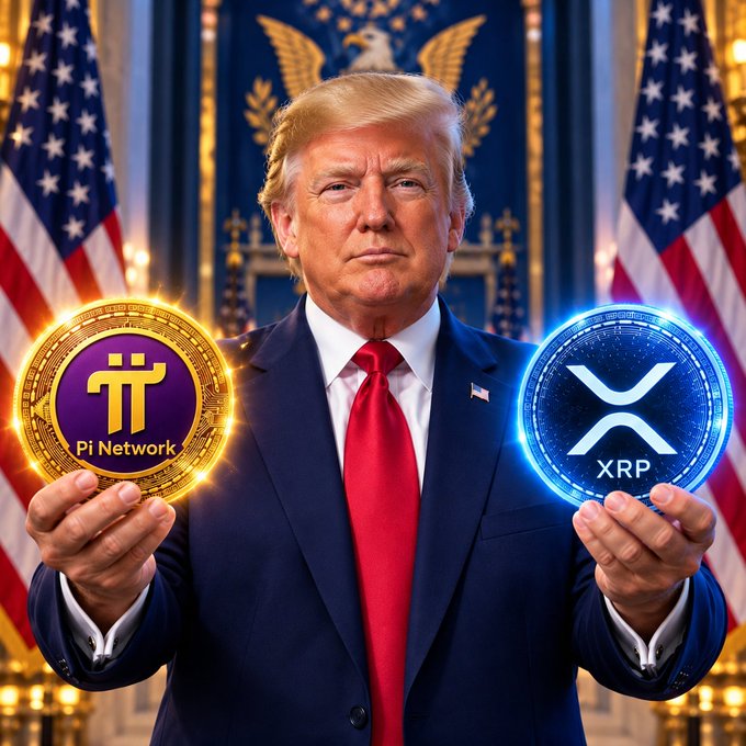The image shows a man with blonde hair wearing a dark blue suit and red tie, standing in front of American flags and holding two glowing cryptocurrency coins labeled "Pi Network" (gold) and "XRP" (blue), symbolizing the Trump administration's potential direct regulatory action on digital assets like Pi Network and XRP through the SEC and CFTC as Congressional efforts stall.