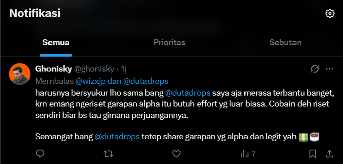 A Twitter notification screenshot from Ghonisky (@ghonisky) replying to @wizxlp and @dutadrops, expressing admiration for dutadrops' alpha-sharing efforts and encouraging him to keep sharing alpha and legit insights for the crypto community, tying into the post's introduction of Ghonisky as a veteran YouTube crypto personality.