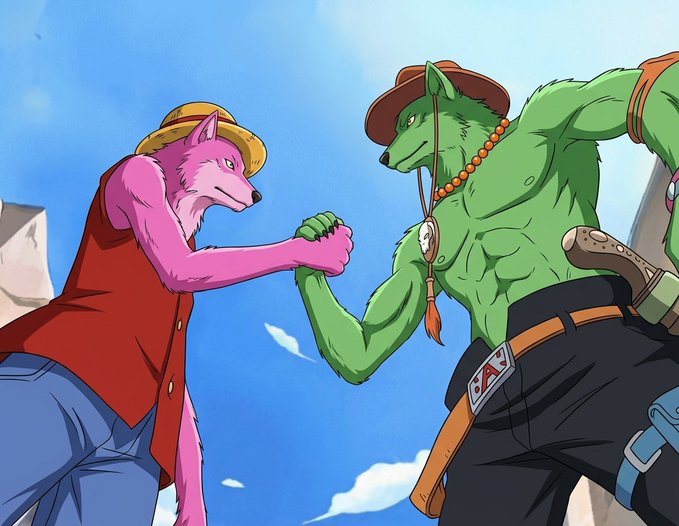 A digital illustration depicts two anthropomorphic characters—a pink wolf in a red vest and straw hat, and a green wolf with a feather necklace—clasping hands under a blue sky.