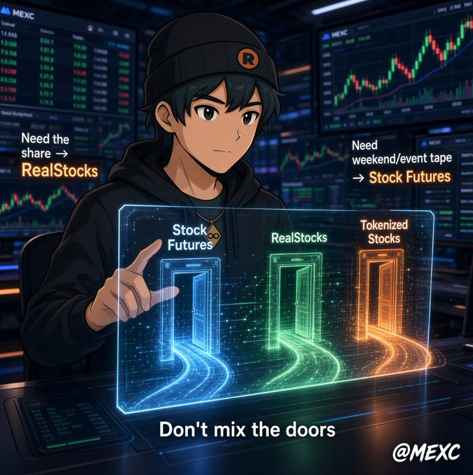 An anime-style illustration of a young man at a trading desk showing three glowing doors labeled 'Stock Futures', 'RealStocks', and 'Tokenized Stocks', with text reading 'Need the share → RealStocks', 'Need weekend/event tape → Stock Futures', and 'Don't mix the doors' along with the @MEXC handle.