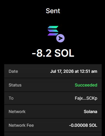 A screenshot of a successful Solana transaction confirmation showing "-8.2 SOL" sent on Jul 17, 2026, matching the post about sending 8.2 SOL on the Solana network with a status of "Succeeded."