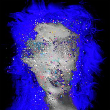 An abstract digital artwork featuring a gray face surrounded by bright electric blue feathery or fur-like textures and colorful paint splatters on a black background.
