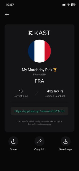 A mobile screenshot of the KAST app displaying 'My Matchday Pick' for the FRA vs ESP match, with 18 correct picks and 432 hours of boosted cashback, along with a referral link.