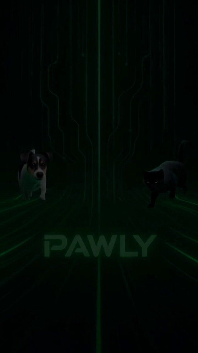 The image features a poster for a meme coin called "Pawly" that celebrates the bond between humans and their pets, specifically dogs and cats. The poster includes two cartoon images of dogs and cats walking down a green line with the word "Pawly" written in white letters above them. The background is dark green, creating an atmospheric setting for the image.