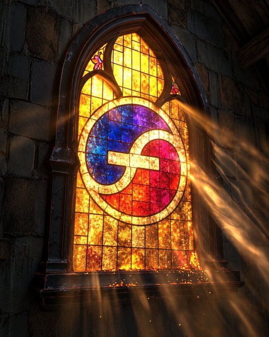 A stained glass window displays a swirling red, blue, and yellow design with light streaming through.
