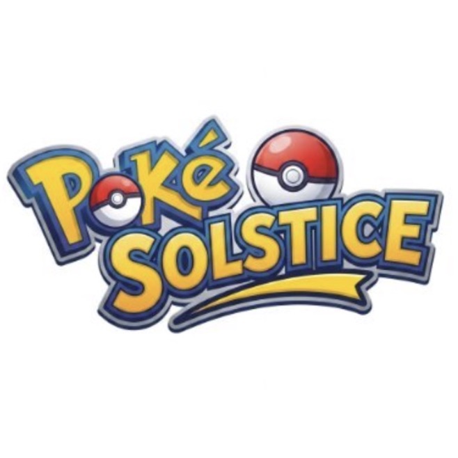 The image shows the logo for "Poké Solstice," featuring stylized yellow and blue text with two Poké Balls integrated into the design. This branding aligns with the post announcing the launch of the Pokémon Solstice token on PumpFun, complete with its contract address for trading.