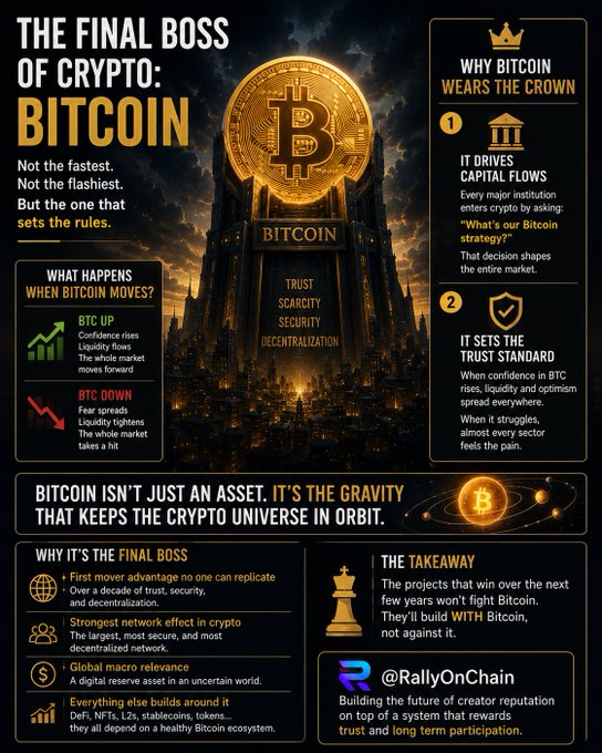 An infographic titled 'THE FINAL BOSS OF CRYPTO: BITCOIN' from @RallyOnChain, explaining Bitcoin's role as the gravity of the crypto universe with sections on why it wears the crown and what happens when BTC moves.