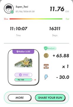 The image shows a phone screen displaying information about a fitness app called "WALKER LOVERS". The app tracks steps taken, calories burned, and distance traveled by users during their runs. It also provides an option for sharing your run with friends or family members through social media platforms like Facebook, Instagram, or Twitter.