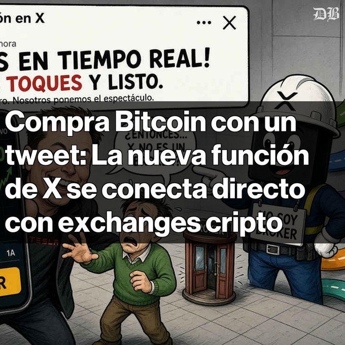 A crypto-themed graphic overlaid on a cartoon featuring a X logo character and a person looking at a phone, with Spanish text announcing 'Compra Bitcoin con un tweet: La nueva función de X se conecta directo con exchanges cripto'.