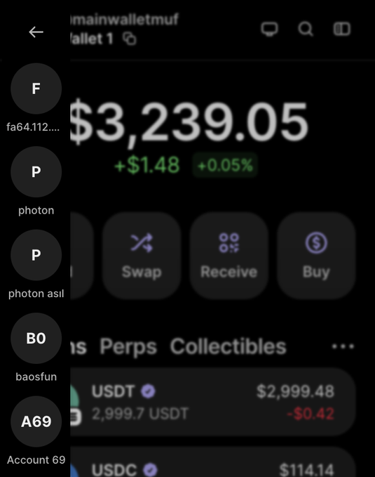 A phone screenshot showing a Solana wallet (mainwallet) with a balance of $3,239.05 (+$1.48, +0.05%), holding 2,999.7 USDT and 114 USDC, alongside a sidebar listing 69 different accounts (fa64.112..., photon, photon asl..., baosfun, Account 69) — illustrating the user's claim of having 69 Solana wallets positioned for a potential Worldcoin (WLD) airdrop.