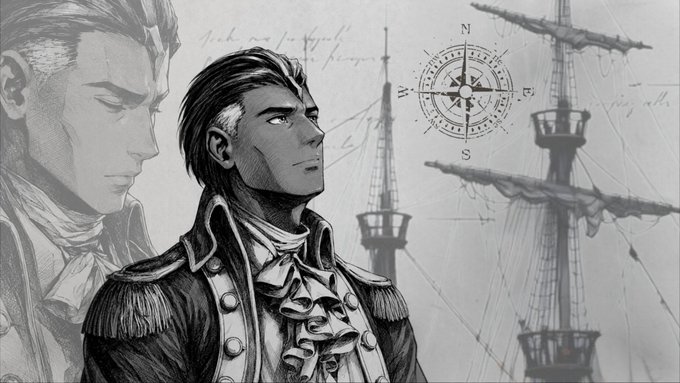A monochrome sketch features a young naval officer in an epauletted coat gazing toward the horizon, with a faded ghostly profile of another man behind him and a sailing ship's masts and a compass rose marked with N, E, S, W in the background. The nautical theme and romantic, adventurous aesthetic of the artwork aligns with the post's enthusiastic appreciation for "the Lads" and the striking WAO-worthy art.