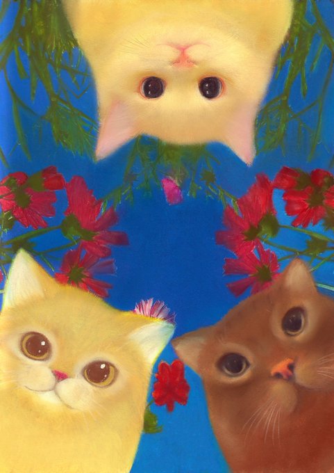 Three adorable cats peer from behind red flowers against a vivid blue background, with one upside-down at the top and two right-side up at the bottom corners.