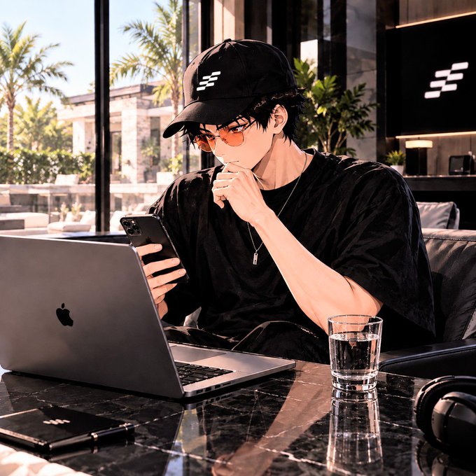 An anime-style illustration of a young man wearing a black cap and orange-tinted sunglasses, sitting at a table with a MacBook laptop and glass of water in a modern interior.