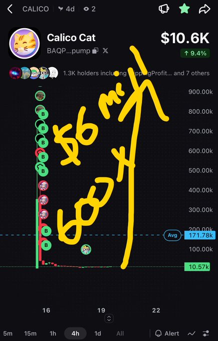 A meme token chart for "Calico Cat" (BAQP...pump) showing a market cap of $10.6K with handwritten yellow text "$6 mil cap" overlaid on the trading graph.