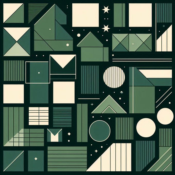 A geometric abstract design featuring various green, cream, and dark teal squares, triangles, and circles arranged in a grid-like pattern.