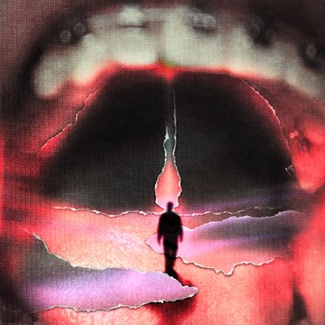 A surreal, glitchy digital artwork depicts a silhouetted figure standing in a dreamlike landscape of pink and red clouds with a glowing structure in the distance.