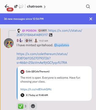 A chatroom screenshot shows POISON sharing an "@updates" post announcing the minting of "sprite.theod" at 11:57 AM, with Cole (@Colethereum) confirming "The mint is open. Everyone is welcome. Have fun choosing your class" via a link at 11:48 AM, fitting the post's theme of an exciting start with the ₿-R4ted Community.