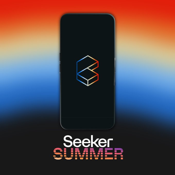 A promotional graphic showing a smartphone with a geometric 'S' logo on its screen against a red-to-blue gradient background, captioned 'Seeker SUMMER.'