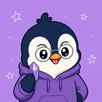 A cartoon penguin wearing round glasses and a purple hoodie holds a purple crystal against a lavender starry background. The image visually represents the NFT "Penguin Mystery Box" being advertised, tying the cute mascot character directly to the crypto/NFT promotion in the post.
