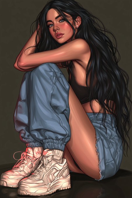 A digital illustration of a young woman with long black hair sitting with her arms resting on her knees, wearing a dark crop top, baggy blue jeans, and chunky white sneakers.